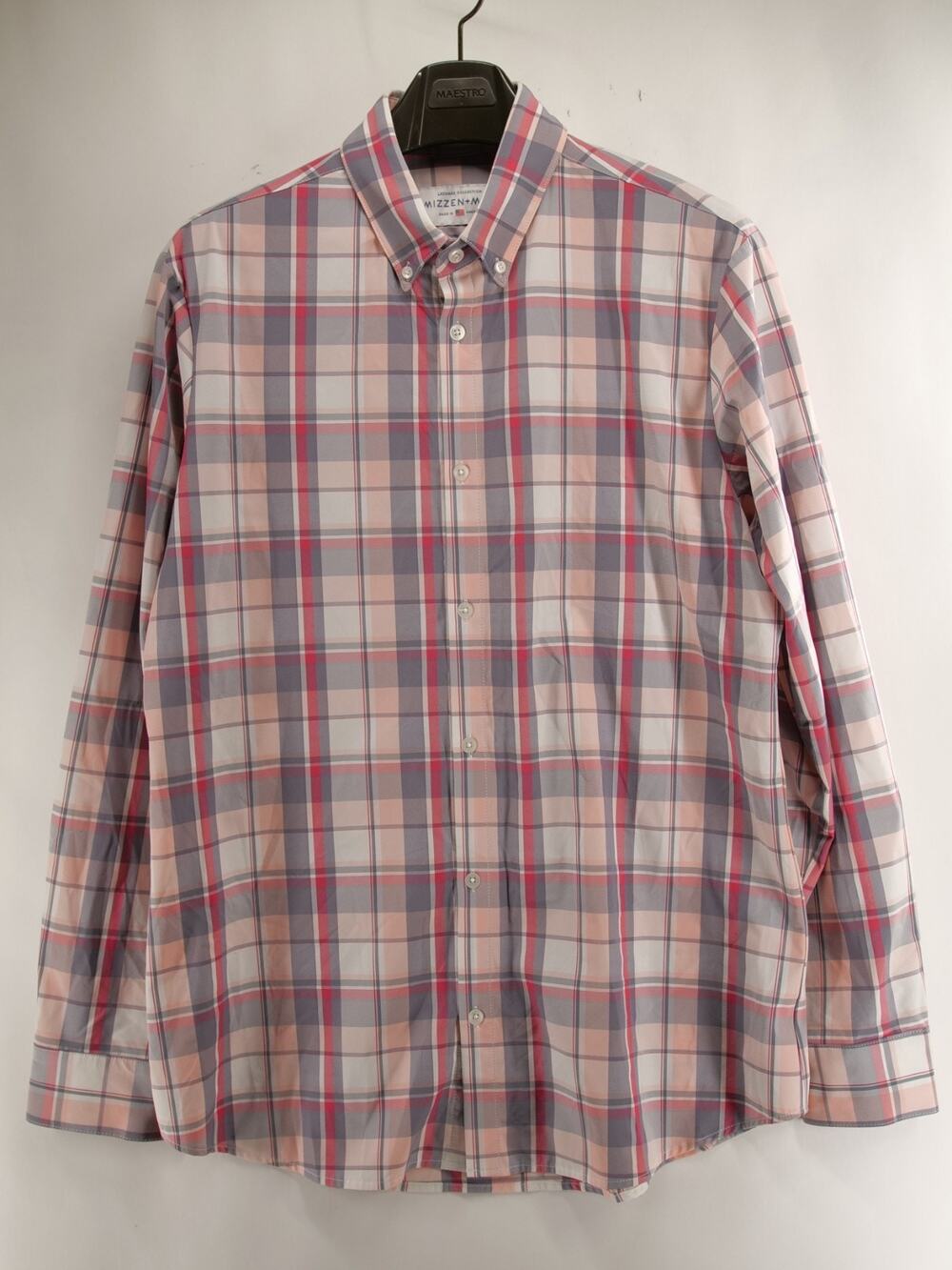 Mizzen+Main Men's XL Pink Gray Plaid Leeward Button Up Shirt Trim Fit Stretch